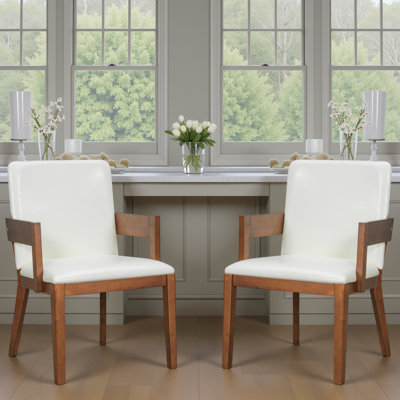 Modern Walnut Wood & White Glossy PU Leather Dining Chairs (Set of 2) – Ergonomic Comfort & Stylish Design