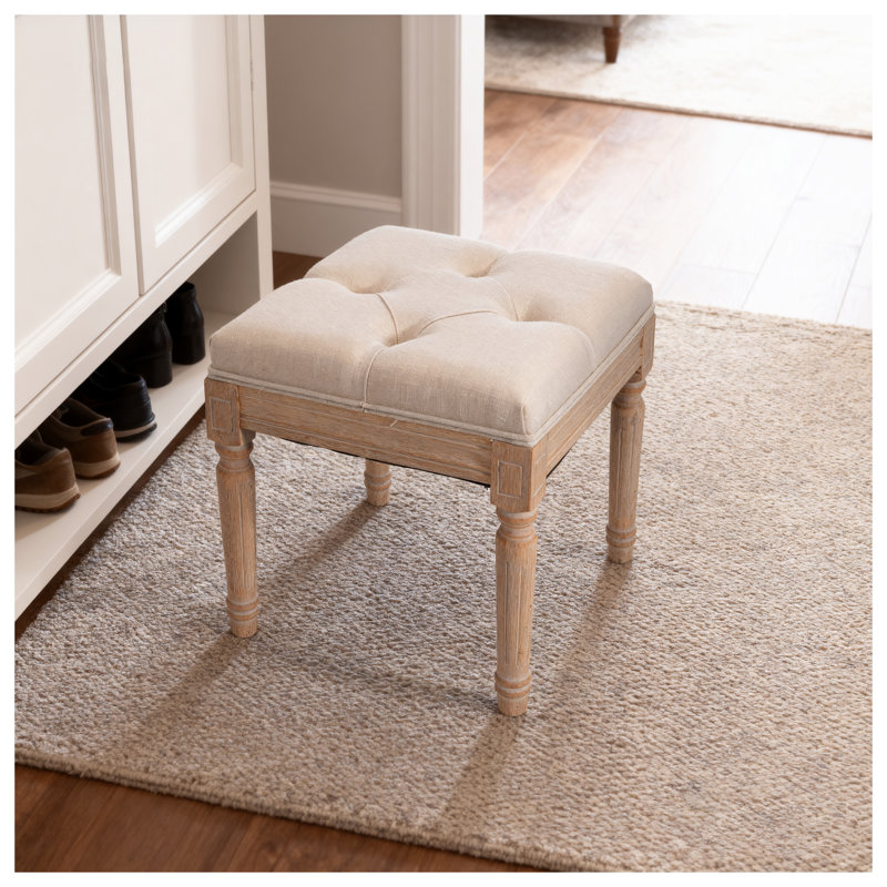 Beige Rustic Upholstered Vanity Stool - Small Square Padded Ottoman Bench with Solid Rubber Wood Legs for Bedroom, Entryway & Dining Room