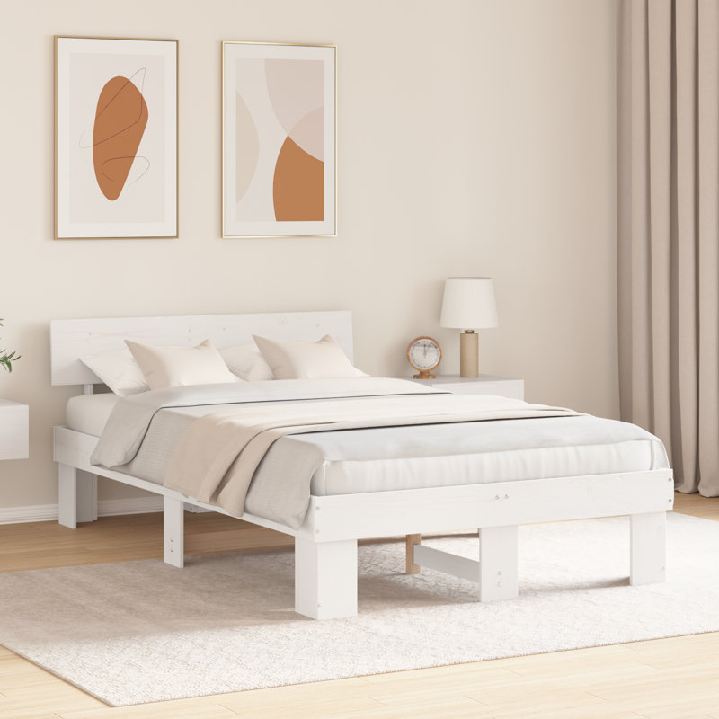 Bed Frame with Headboard Solid Pine Wood, Double (4'6), White
