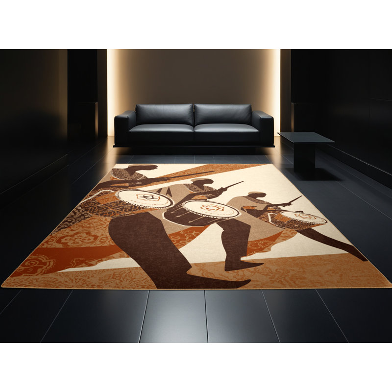 Machine Washable Entertainment & Pop Culture Parade Drummers Global Inspired Moroccan Rug in Brown – LightBrown Binding, 8x12