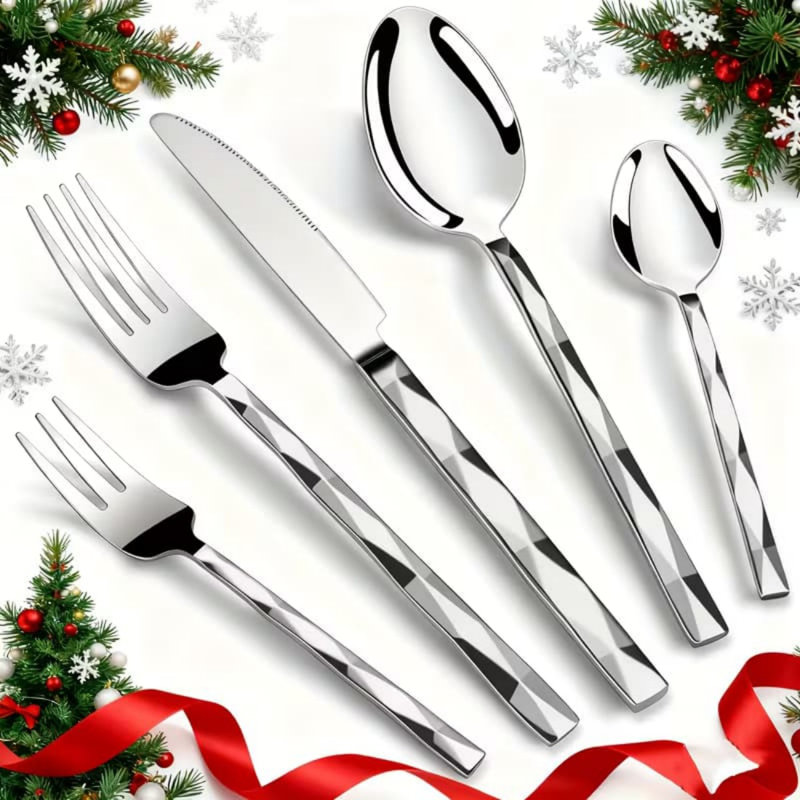 30pcs Elegant Flatware Set For 6 - Premium Stainless Steel Cutlery With Diamond Pattern, Includes Knives, Forks, Spoons - Mirror Polished, Dishwasher Safe - Ideal For Home