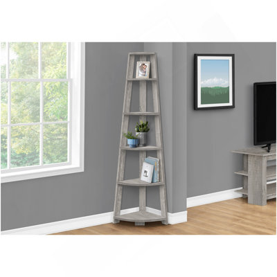Bibliothèque, bibliothèque, étagère, d'angle, 5 niveaux, H 72 po, bureau, chambre à coucher, stratifié gris, contemporain, moderne