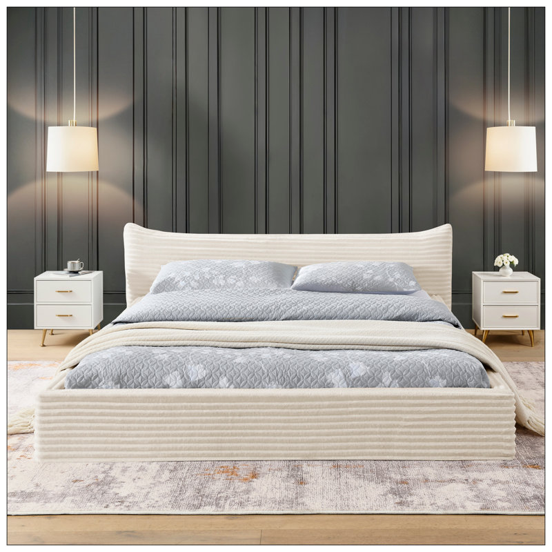 Velvet Upholstered Queen Platform Bed Frame with Curved Headboard, Solid Wood, No Box Spring Needed, Beige, Beige