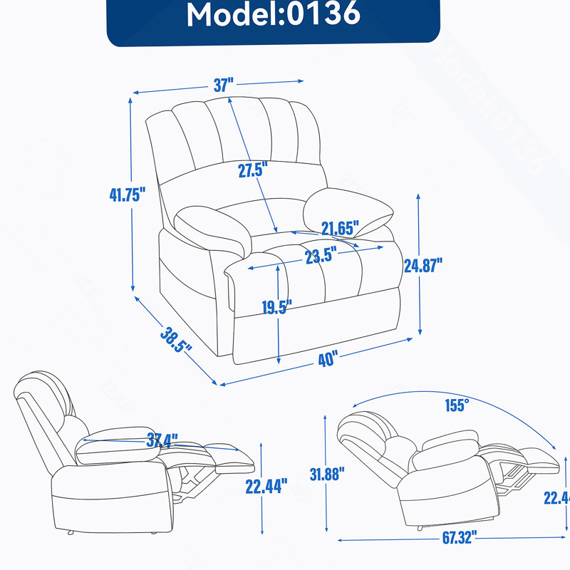 Grand fauteuil inclinable manuel en tissu pour le salon, gris, Gris