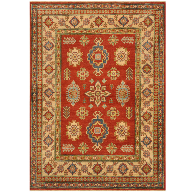 Tapis unique en laine noué à la main style Kazak rouge de 4 pi 8 po x 6 pi 7 po Luevina