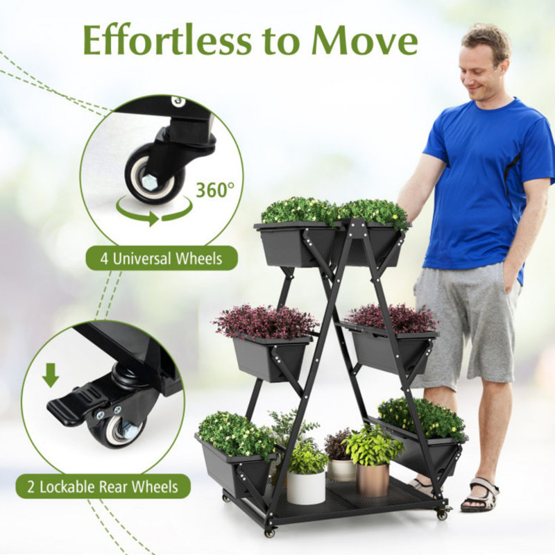 Black 3-Tier Vertical Raised Garden Bed with Wheels and Planter Boxes