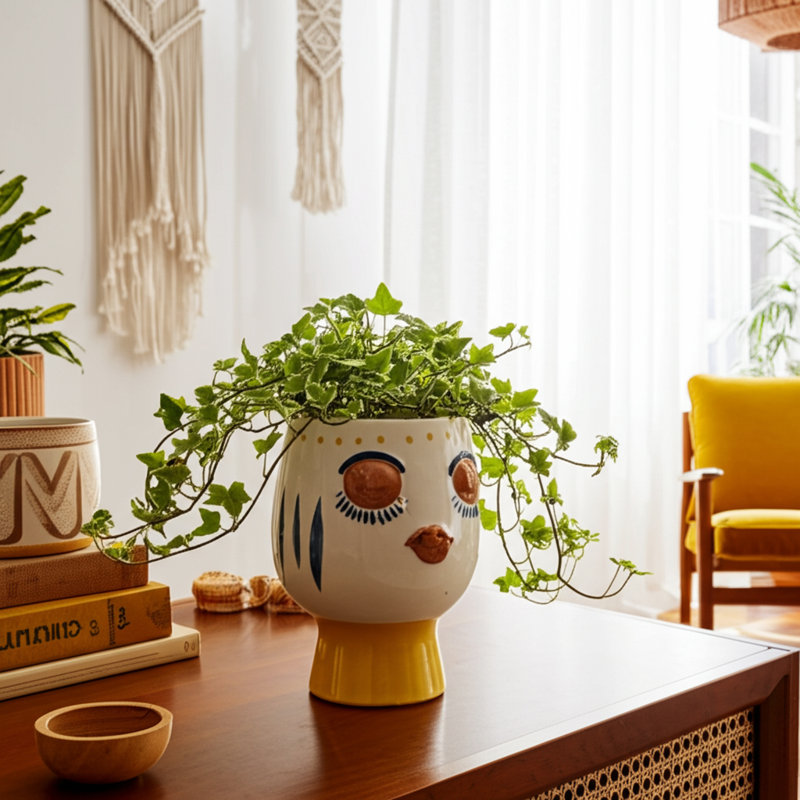 Stoneware Ceramic Planter with Decorative Face Design and Elevated Base for Modern Contemporary Decor, 8" H x 6" W x 6" D