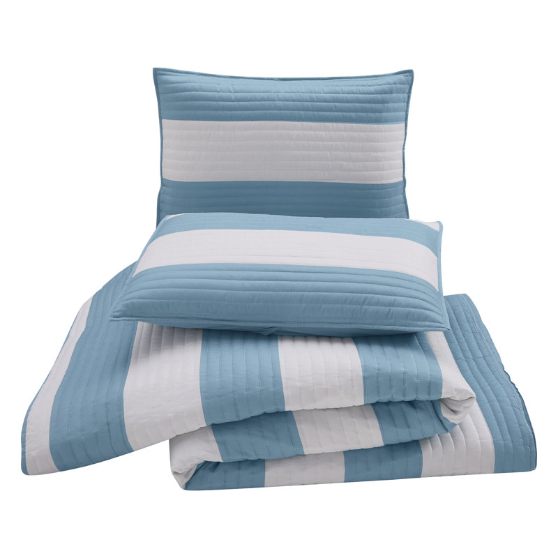 Lavelle Blue/White Stripe Reversible Microfiber Quilt Set, Full