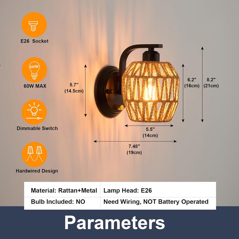 Boho Rattan Wall Sconces Set Of Two With Dimmable Switch, Hand-Woven Farmhouse Wall Lamp For Bedroom, Bathroom, Living Room, Hardwired Indoor Wall Light, E26 Base