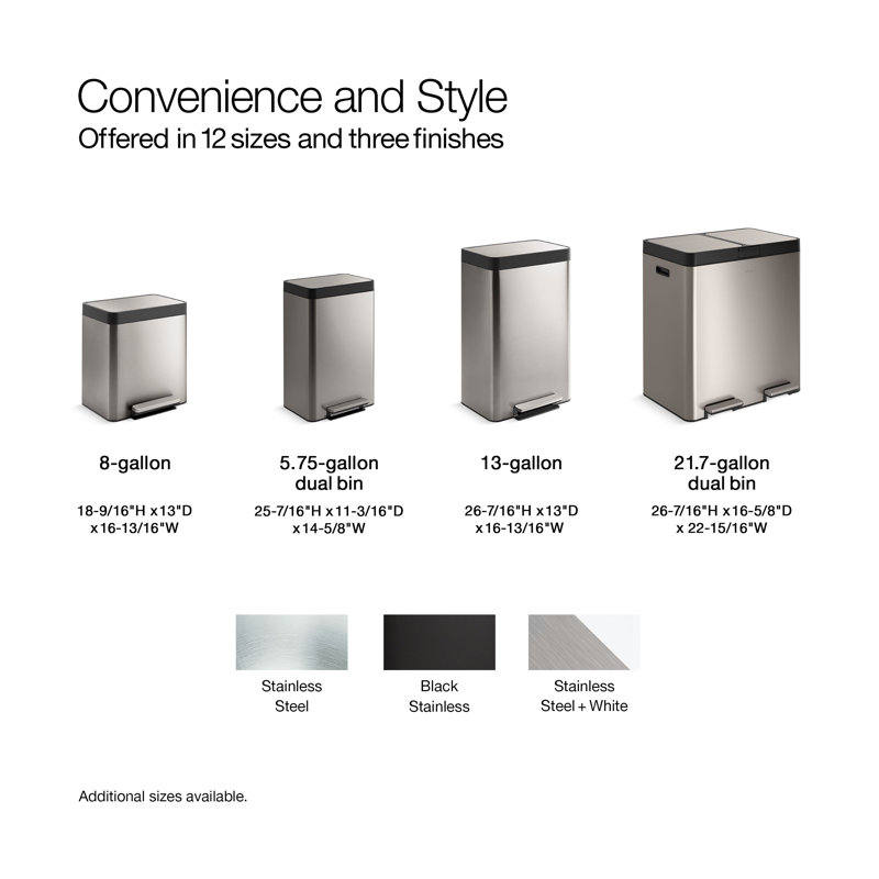 Reset Kitchen Trash Can, Stainless Steel Hand Free Step Trash Can with Quiet-Close Lid, Stainless Steel, 13 Gallon