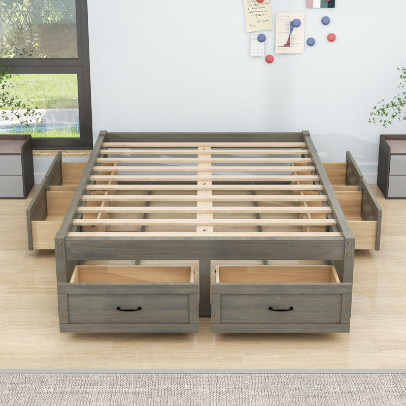 Wooden Platform Bed with 6 Drawers, Antique Gray, Full