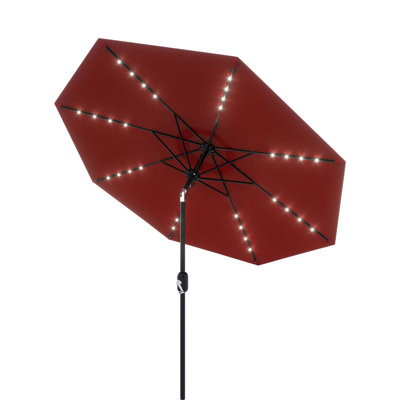 9FT Patio Umbrella with Solar LED Lights, 8-Rib Steel Frame, Tilt Crank, UV Resistant & Waterproof, Outdoor Market Table Umbrella for Pool, Deck, Backyard, Red