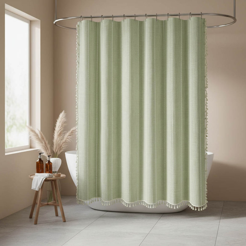 Boho Farmhouse Tassel Shower Curtain, Green