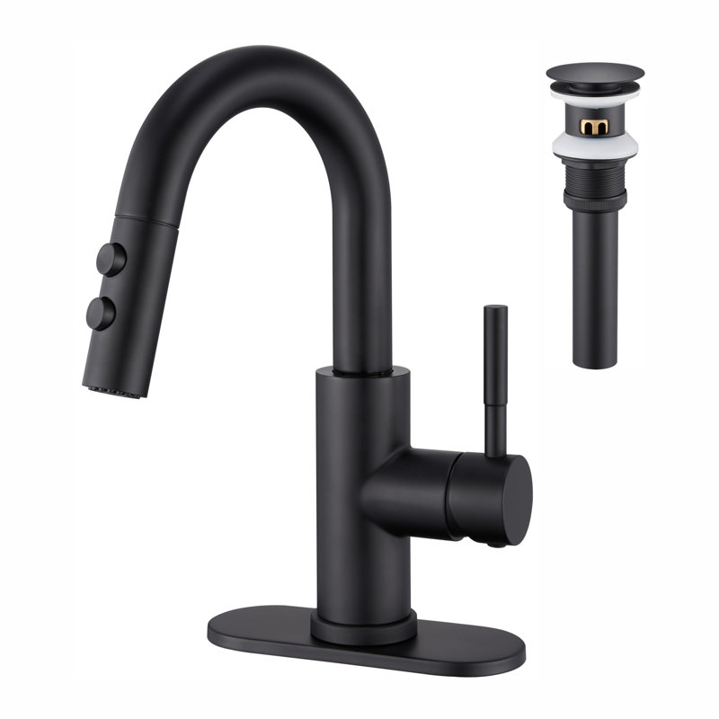 Single Handle High Arc Bathroom Sink Faucet with Pull Out Sprayer and Pop Up Drain, Matte Black