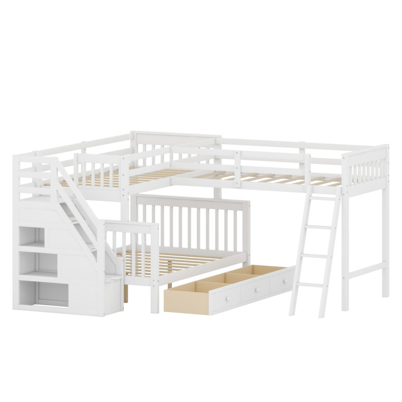 Lit superposé en forme de L peu encombrant avec tiroirs de rangement intégrés, échelle et escalier pour des aménagements de chambre polyvalents