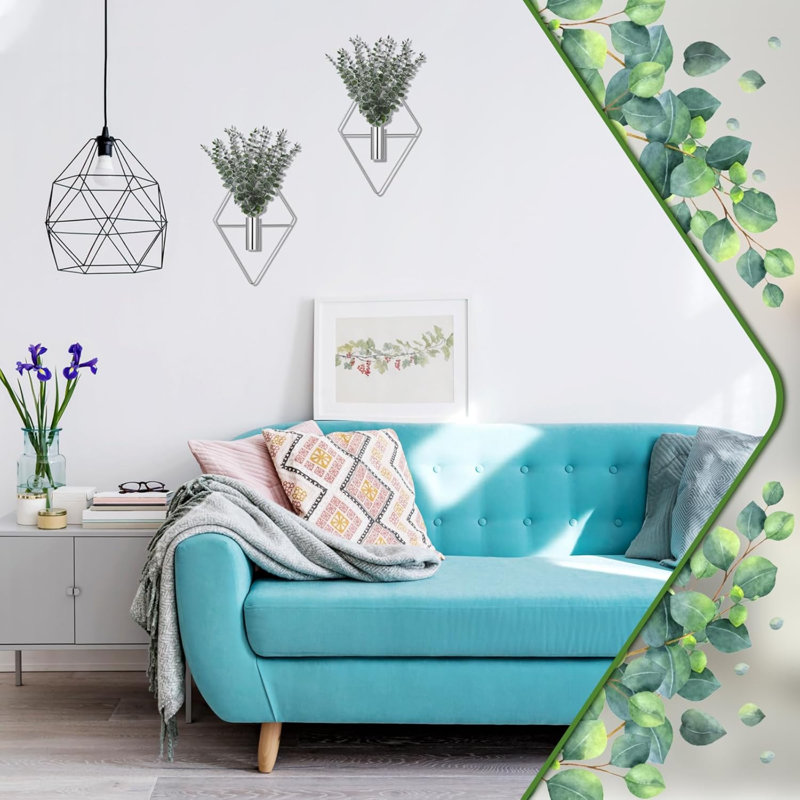4 pots de fleurs suspendus avec eucalyptus artificiel, décoration murale en argent chromé, vase suspendu en métal, porte-plantes d'intérieur moderne, décor de salle de bain géométrique pour le bureau à domicile