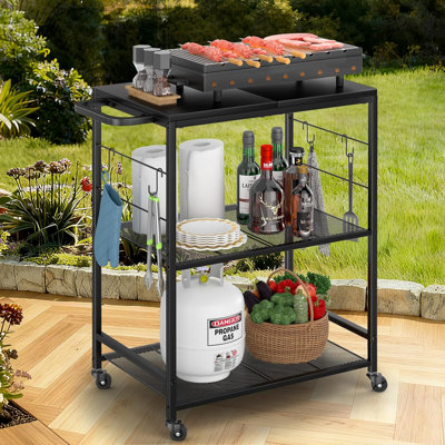Grill Cart for Outside, 3-Tier BBQ Food Prep Rolling Table Cart