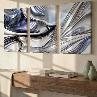 3 Pieces Exculisive Silver and Navy Blue Fluid Large Wall Art Modern Canvas Art, Modern Canvas Decor for Living Room, Bedroom, Office and Home
