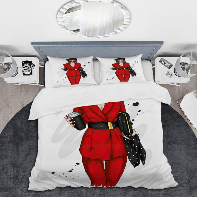 Beautiful And Stylish Girl In Red III - Ensemble de housse de couette moderne - Microfibre de polyester