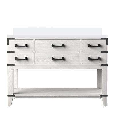 White Quartz Top, 48 In. W X 22 D, Oak, Single Bath Vanity, Solid Wood Frame, Soft - Close Functionality, Five Drawer Compartments, Open Shelf, Pre Drilled For 8 Faucet Installation Top Wide Oak