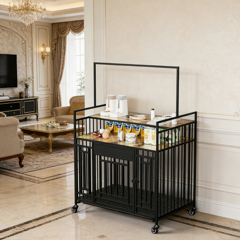 Meuble multifonctionnel pour cage de chien avec roues verrouillables et support de rangement