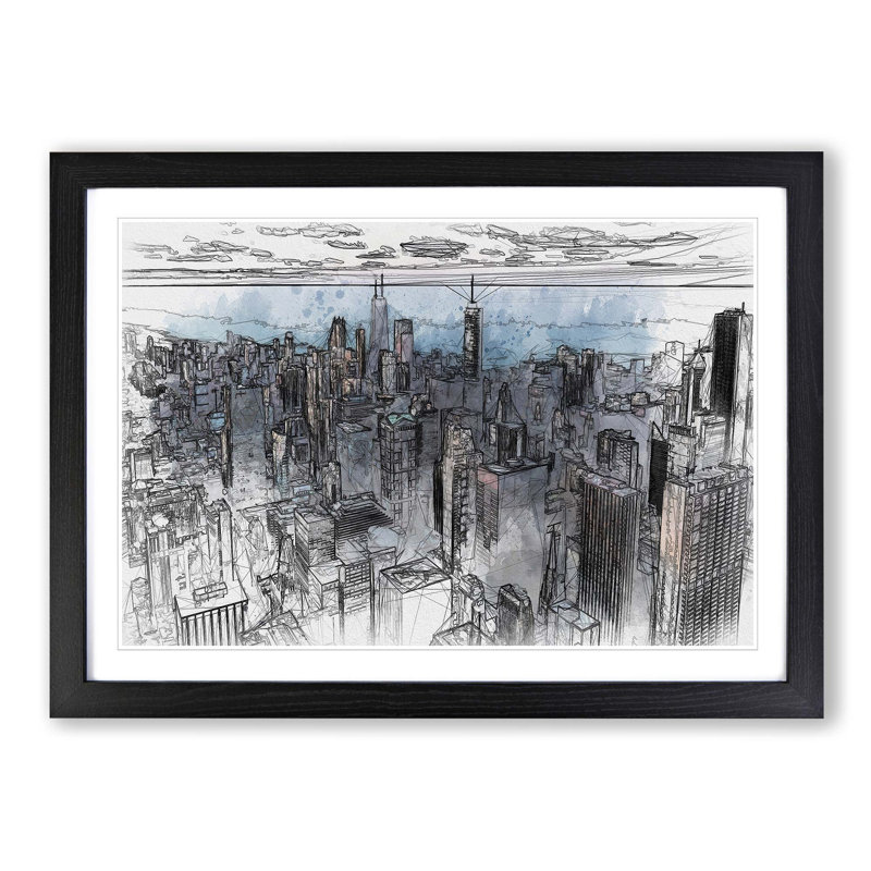 The Beauty of the Chicago Skyline in Abstract - Picture Frame Drawing Print, Black Framed, 62cm H x 87cm W x 2cm D