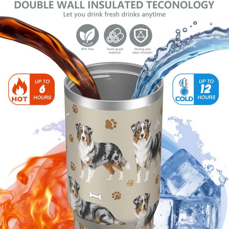 Gobelet 30 oz avec couvercle et poignée Gobelets isothermes en acier inoxydable Bouteille d'eau mignonne avec rabat (chien)