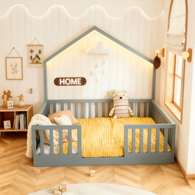 Floor Bed with High Rails, Wooden Montessori Bed with Light by Red Barrel Studio