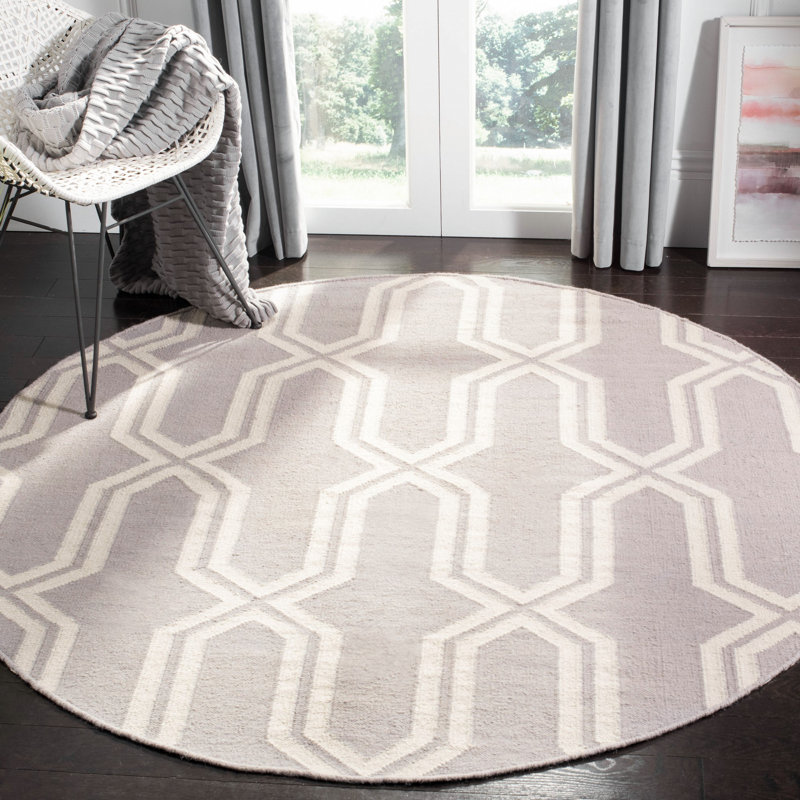 Rodgers Hand Woven Flat Weave Wool/Cotton Geometric Rug in Gray/Ivory, Round 6'