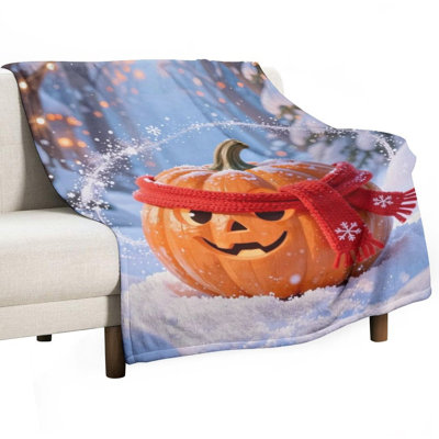 Pumpkin Wearing Red Luxury Flannel Throw Blanket, Soft Warm Fuzzy Blanket for Living Room Sofa Bed Home Decor