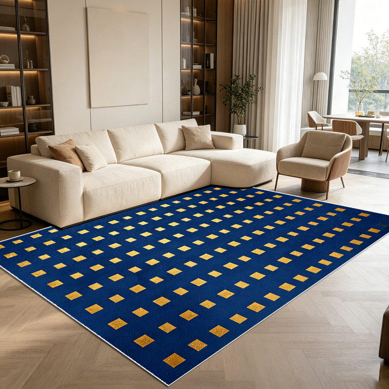 1PC Navy Blue Small Gold Square Grid Pattern area rugs for Living Room, Soft and Comfortable, Suitable for all seasons, easy-to-maintain, machine washable Indoor floor mat, Under Table Farmhouse suitable for dining room, bedroom, entryway,