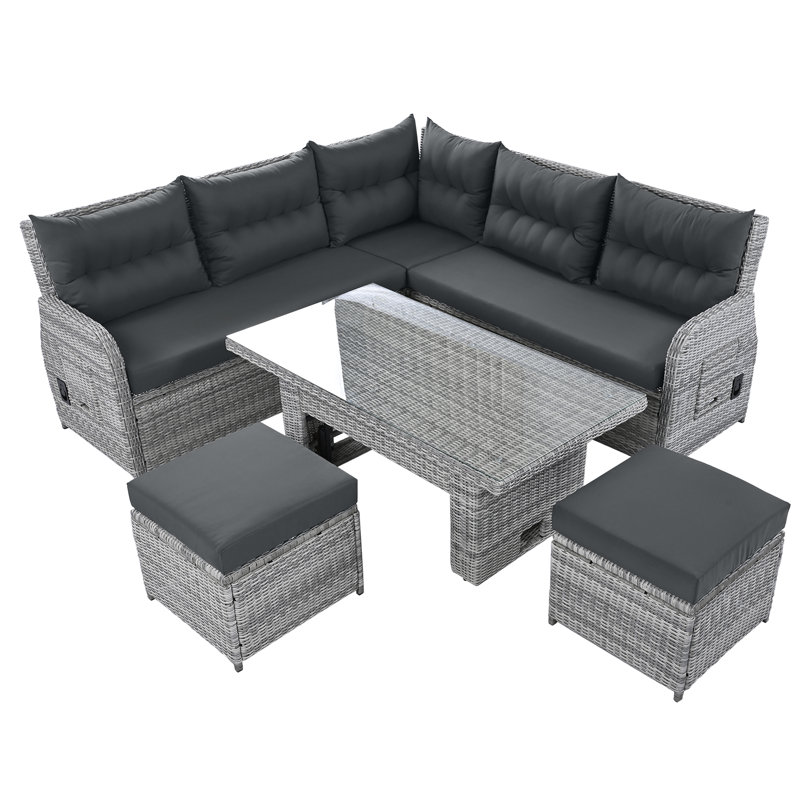  Ensemble de mobilier d'extérieur pour patio, ensemble en rotin avec table réglable, fauteuils inclinables et repose-pieds, gris