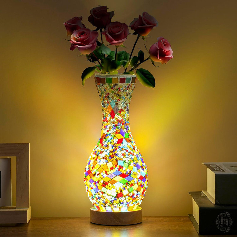 Turkish Moroccan Table Lamp, Mosaic Vase Lamp, Colorful Handmade Glass Vase with Wood Base for Flowers, USB Power for Living Room or Bedroom Decoration