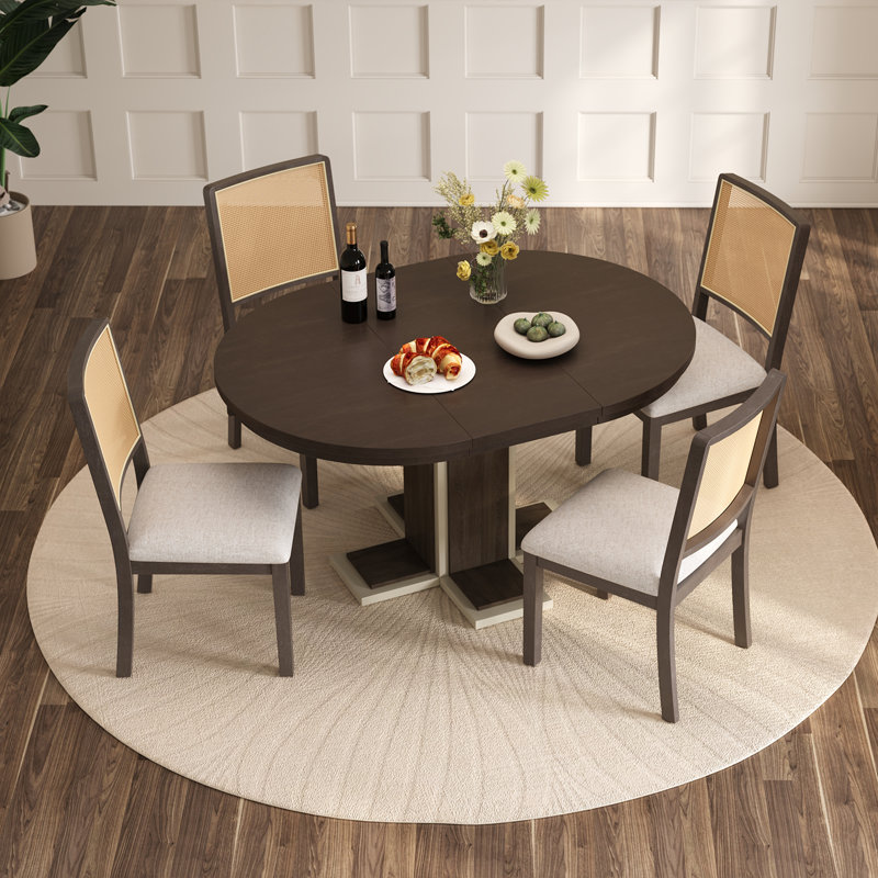 Round Dining Table For 4 With Chairs Set, Extendable Dining Table Set With 16" Removable Middle Leaf 5 Piece Retro Dining Table Set Double Layer Design For Kitchen Dining Room