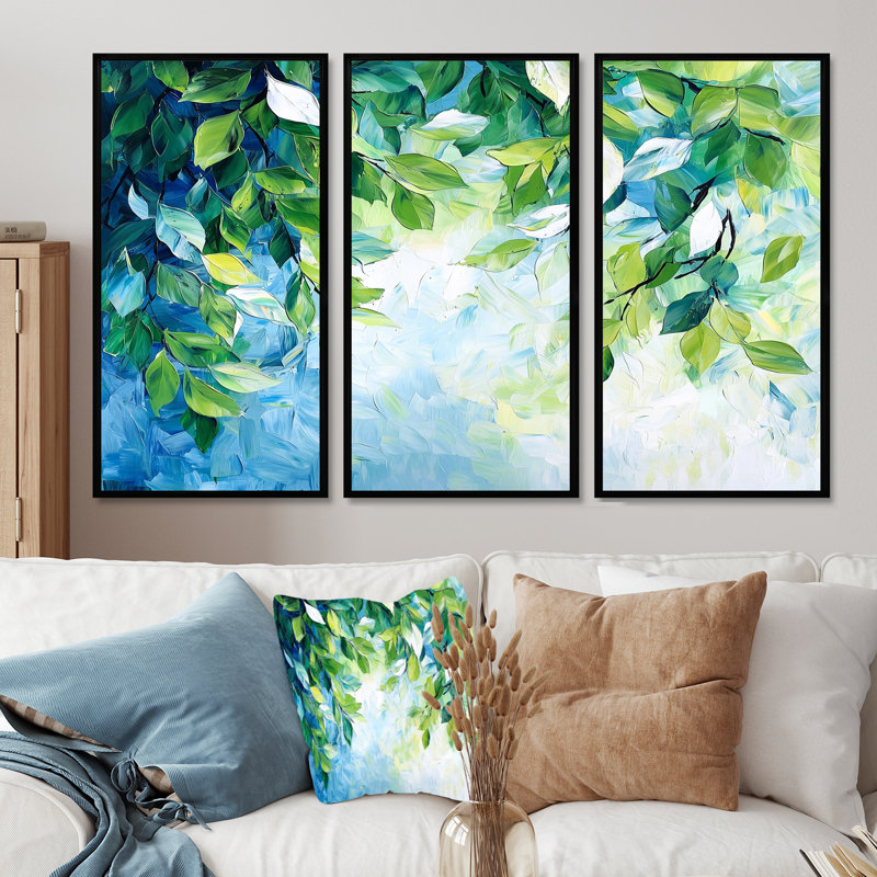 «Summer Green Branches In The Wind III - Leaves», ensemble d'art mural, Black, Reproduction avec cadre flottant