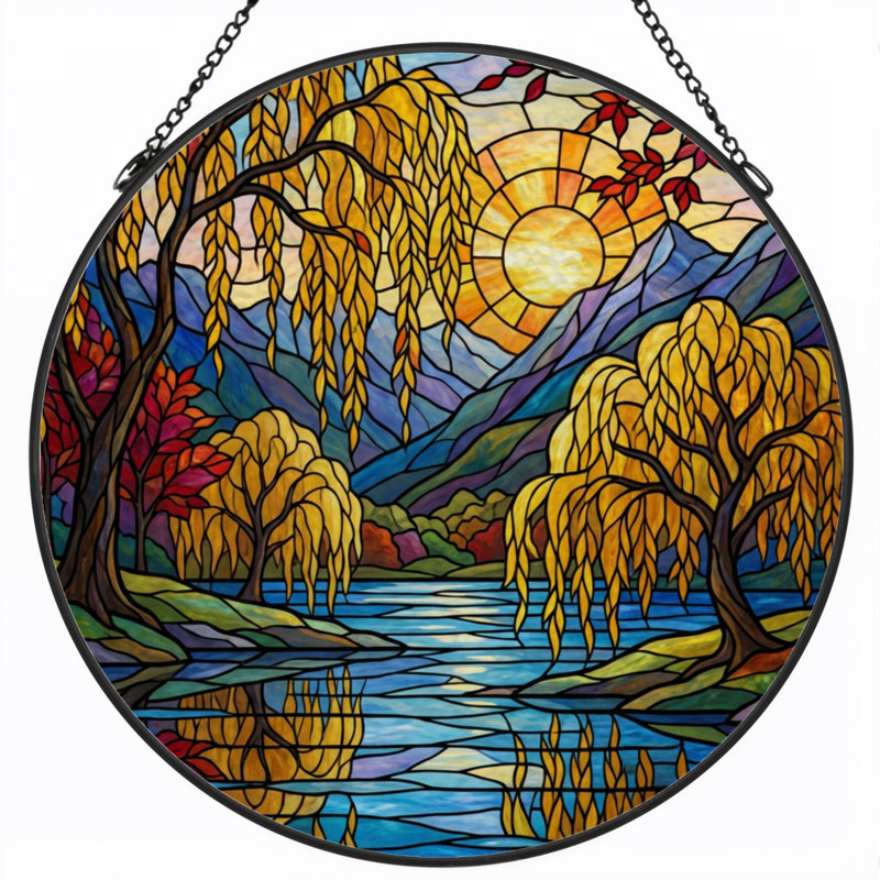 12"H Autumn Landscape Stained Glass Window Panel, 12" H x 12" W