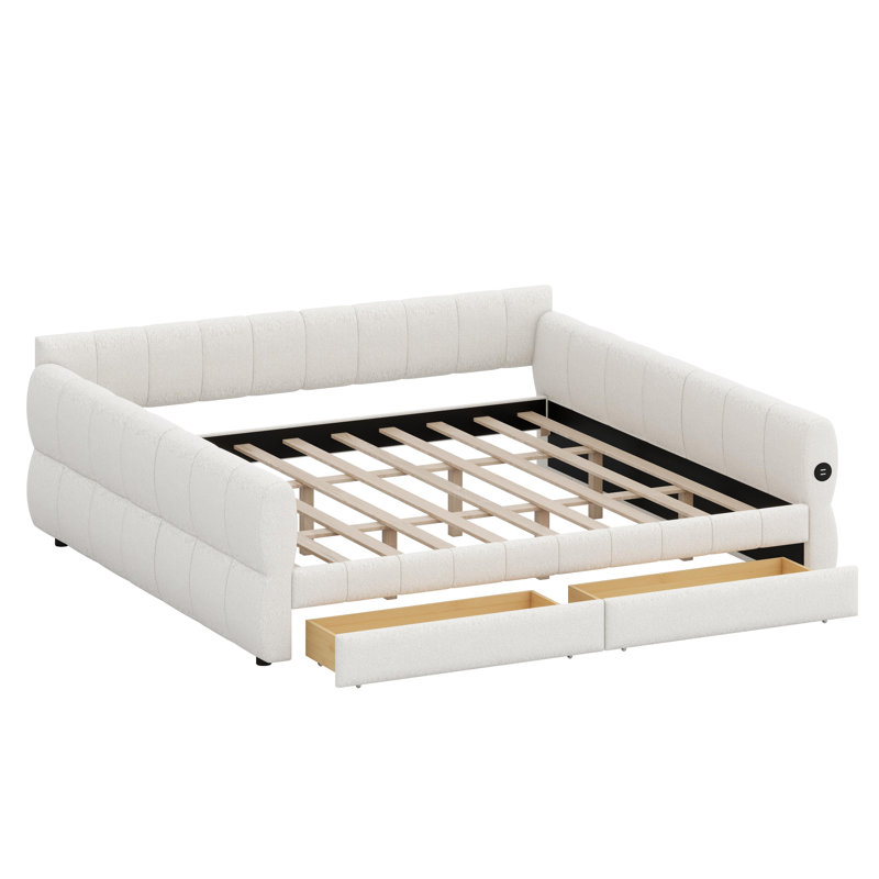 Lit plateforme tapissier avec ports de chargement USB et tiroirs intégrés, Blanc