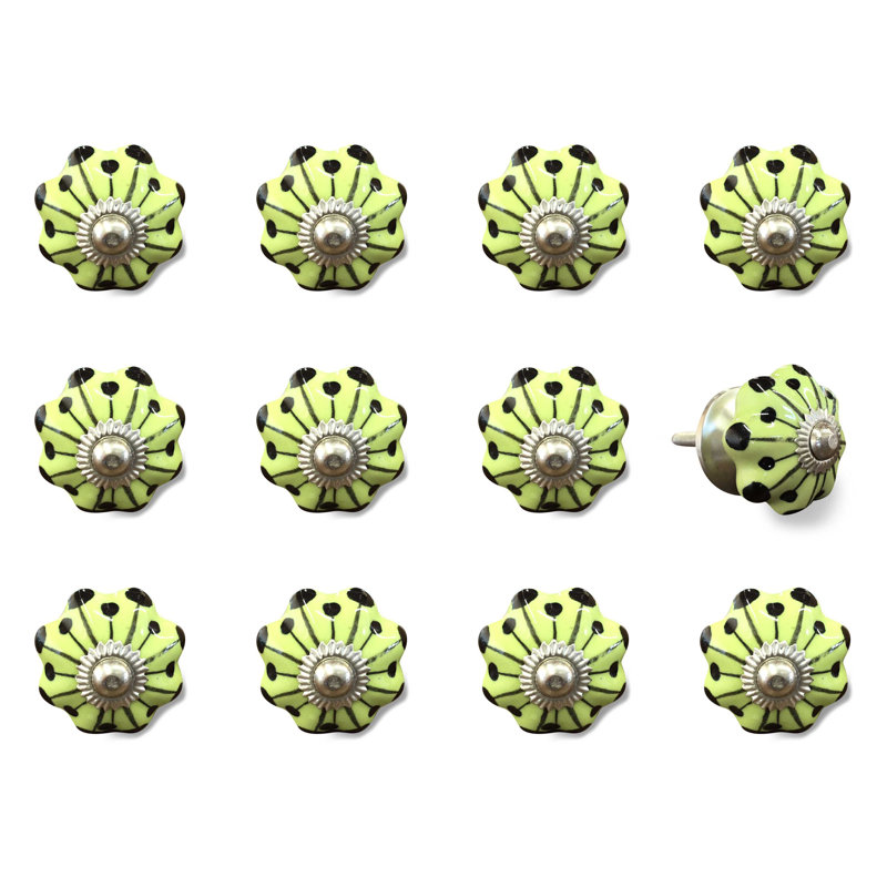 Ensemble de douze poignées de tiroir en céramique florales jaunes, vertes et argentées