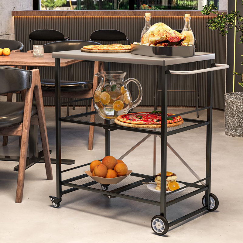Outdoor Grill Cart Table, Stainless Steel Pizza Oven Stand Trolley Table With Wheels, Black
