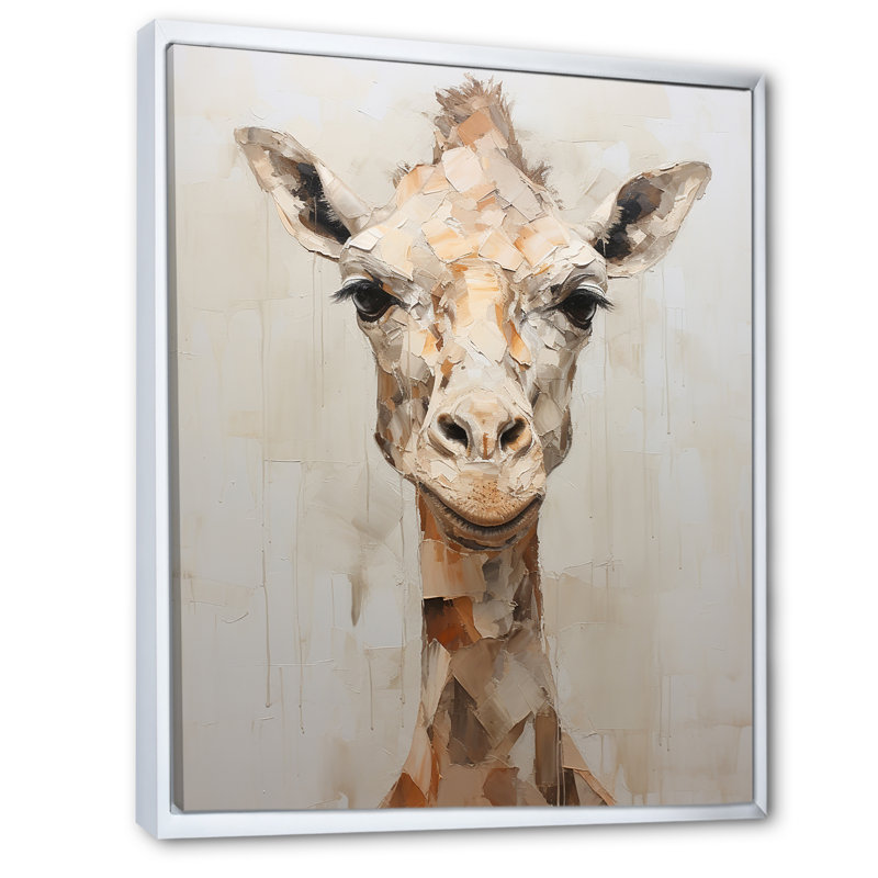 Minimalisme, girafe beige sur toile, Cadre flottant blanc, H 32 po x l 24 po x P 1 po