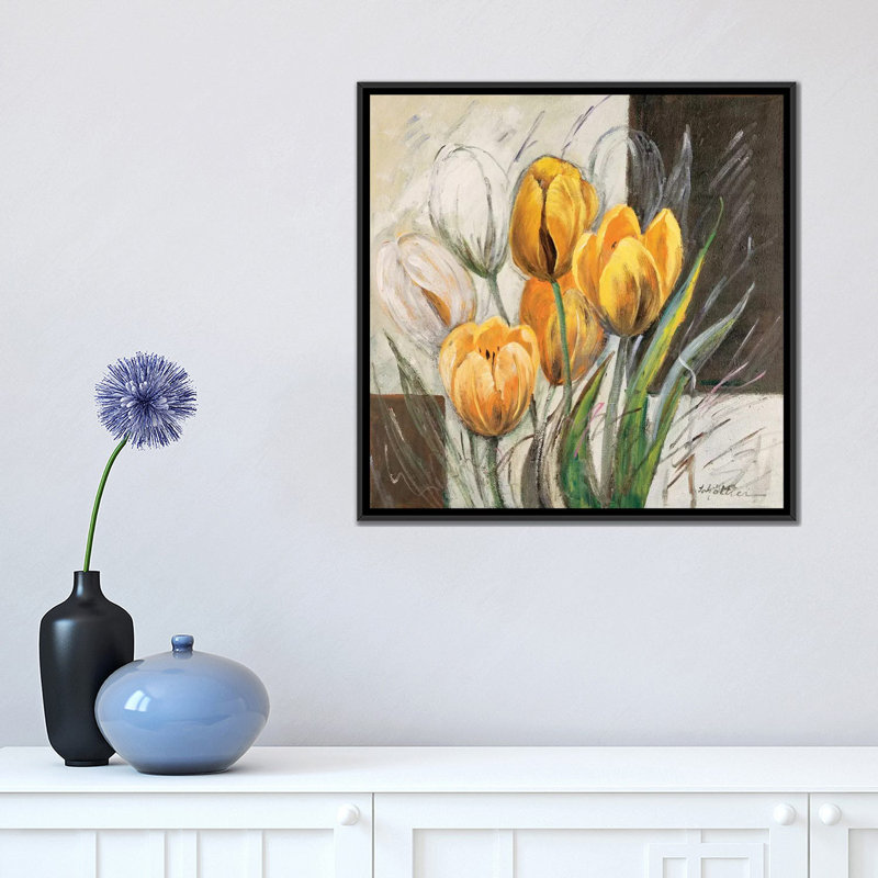 « yellow tulipes », impression sur toile, H 18 po x l 18 po x P 1,5 po, Toile avec cadre noir, Pas de tapis
