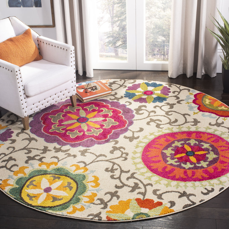 Tapis multicolore à motif floral Hertzler, Rond 5 pi