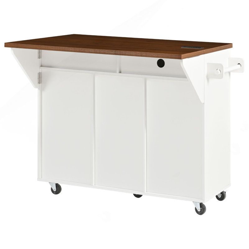 Îlot de cuisine cannelé de 52 po avec abattant, prise de courant, chariot de rangement de cuisine avec tablettes réglables, 2 portes et 2 tiroirs, table d'îlot roulant avec plateau de couleur noyer pour la cuisine, blanc