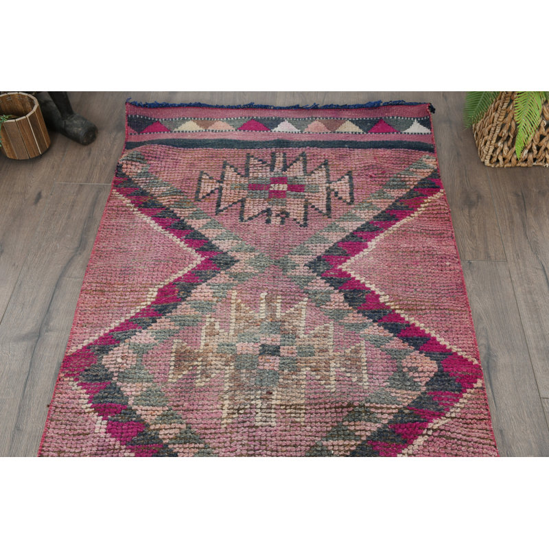 34.6x125.6 Inch Pink Wool Kilim Runner Rug, Patchwork Pattern Rug