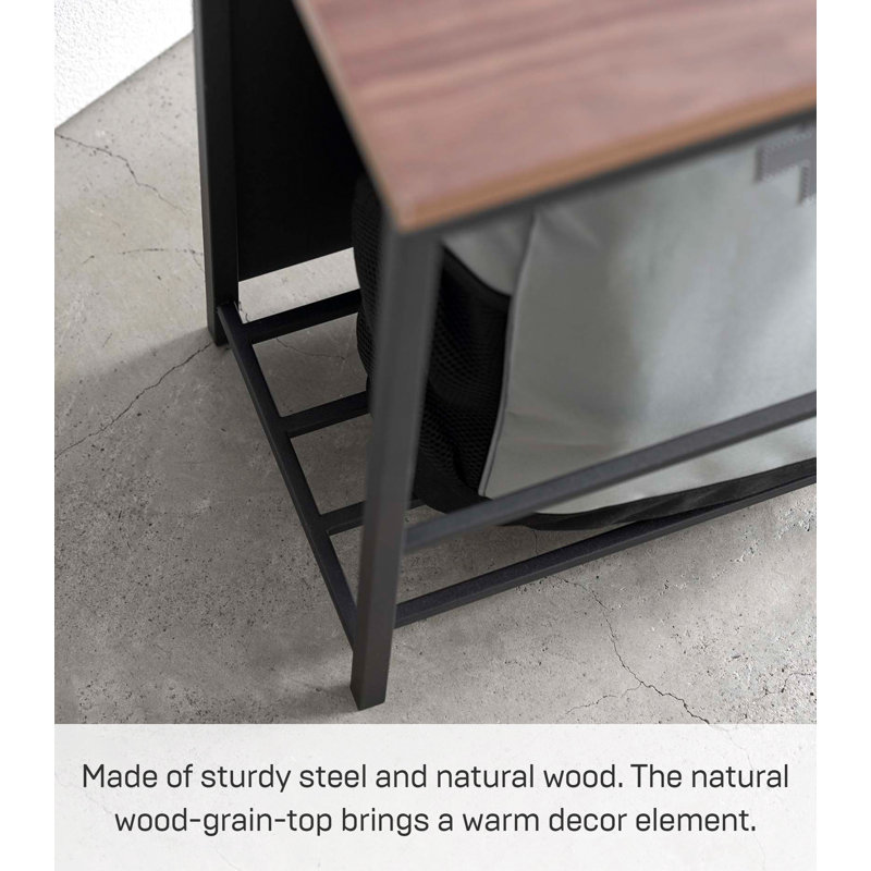 Black Steel and Wood Entryway Storage Bench with Concealed Storage