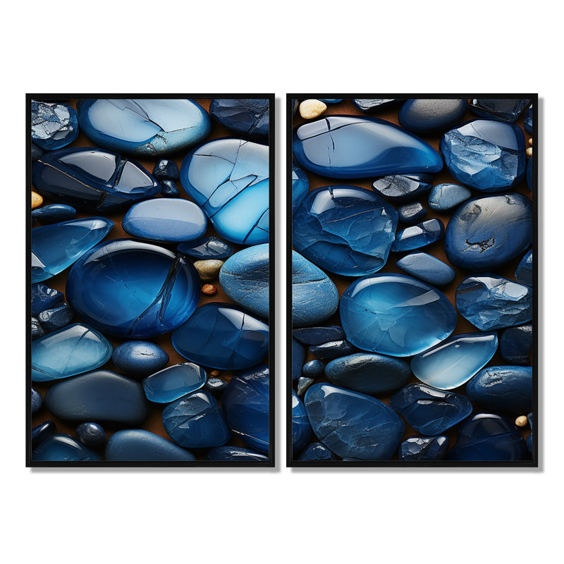 Blue Sapphire Zen Stones - Art traditionnel sur toile rose 2 pièces, 36" H x 48" W, Impression encadrée flottante, Black