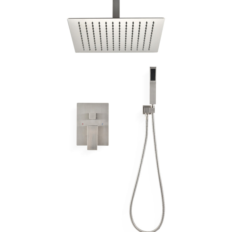 Brushed Nickel Ceiling Mounted Shower With 10" Head & Handheld - Simulates Natural Rainfall, Self-Cleaning Nozzle, Fits American Standard Pipe Installation Specifications, Wall In And Creates
