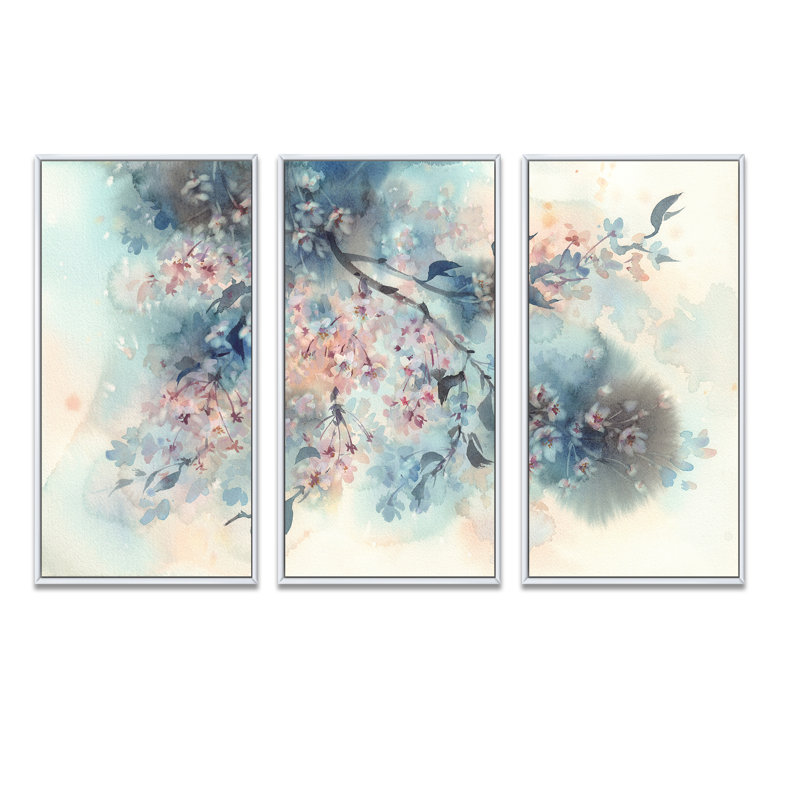 Fleur de sakura blanche sur fond bleu pastel - ensemble de 3 reproductions sur toile flottantes, H 28 po x l 36 po x P 1 po