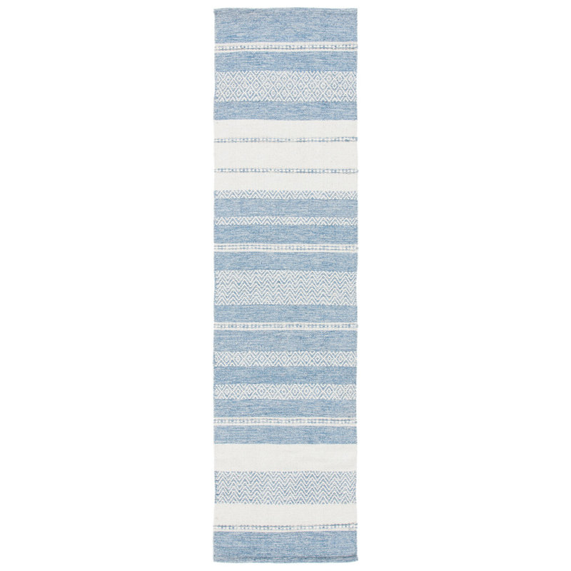Tapis bleu / crème en coton tissé à plat à la main Addilynn, Tapis de couloir 2 pi 3 po x 9 pi