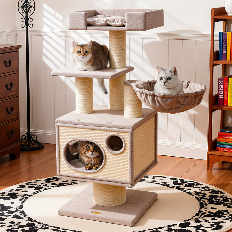 Modern Multi-Level Cat Tree for Maine Coons with Spacious Condo, 48.4" H, Beige